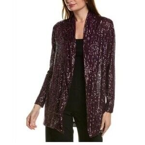 NWT ANNE KLEIN Women’s Sequin Draped Open Front Cardigan Deep Plum Size XL $149